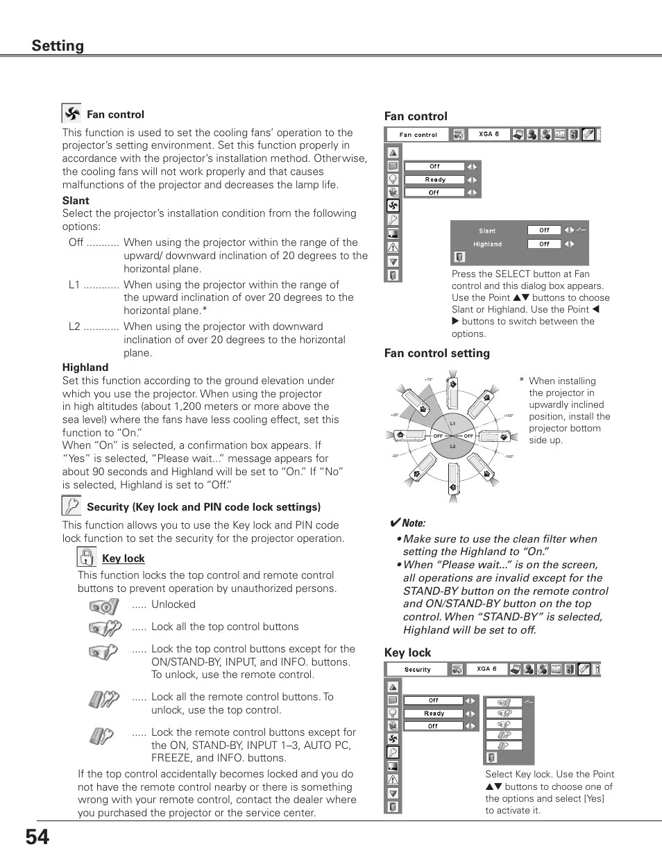 Setting, Fan control key lock, Fan control setting | Sanyo PLC-ET30L User Manual | Page 54 / 78