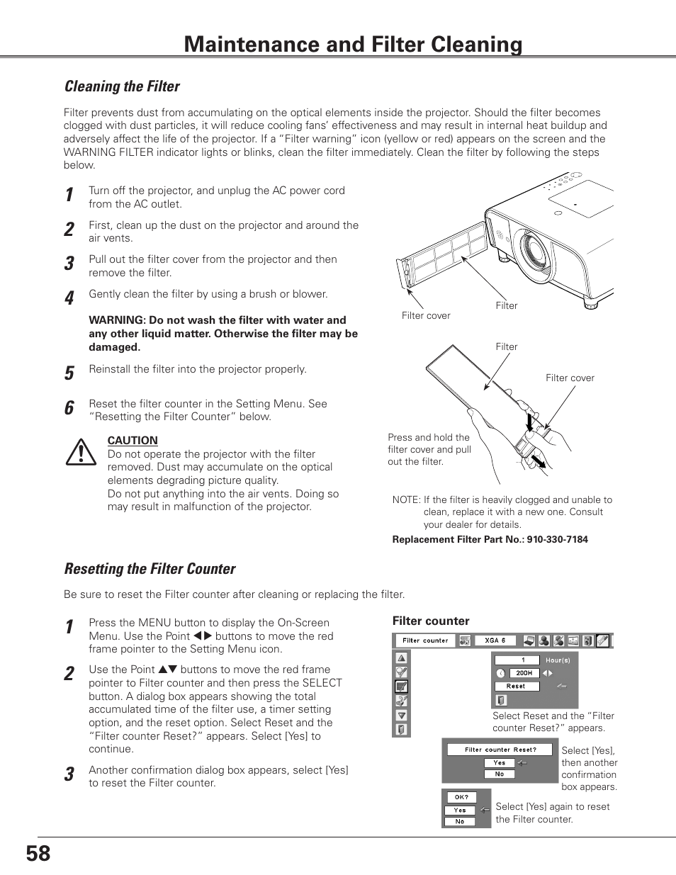 Maintenance and filter cleaning, Cleaning the filter, Resetting the filter counter | Sanyo PLC-ET30L User Manual | Page 58 / 78