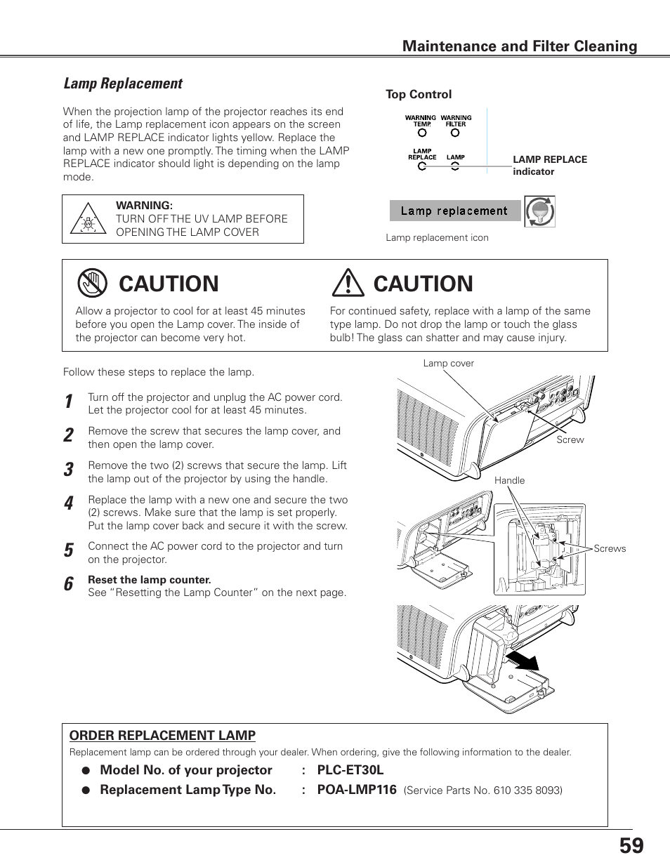 Lamp replacement, Caution | Sanyo PLC-ET30L User Manual | Page 59 / 78