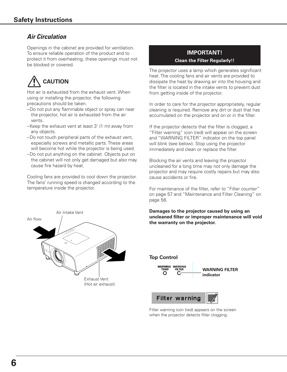 Air circulation, Safety instructions | Sanyo PLC-ET30L User Manual | Page 6 / 78