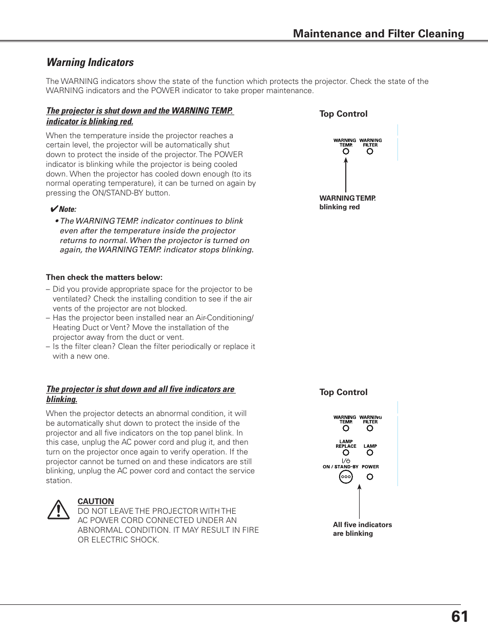 Warning indicators, Maintenance and filter cleaning | Sanyo PLC-ET30L User Manual | Page 61 / 78