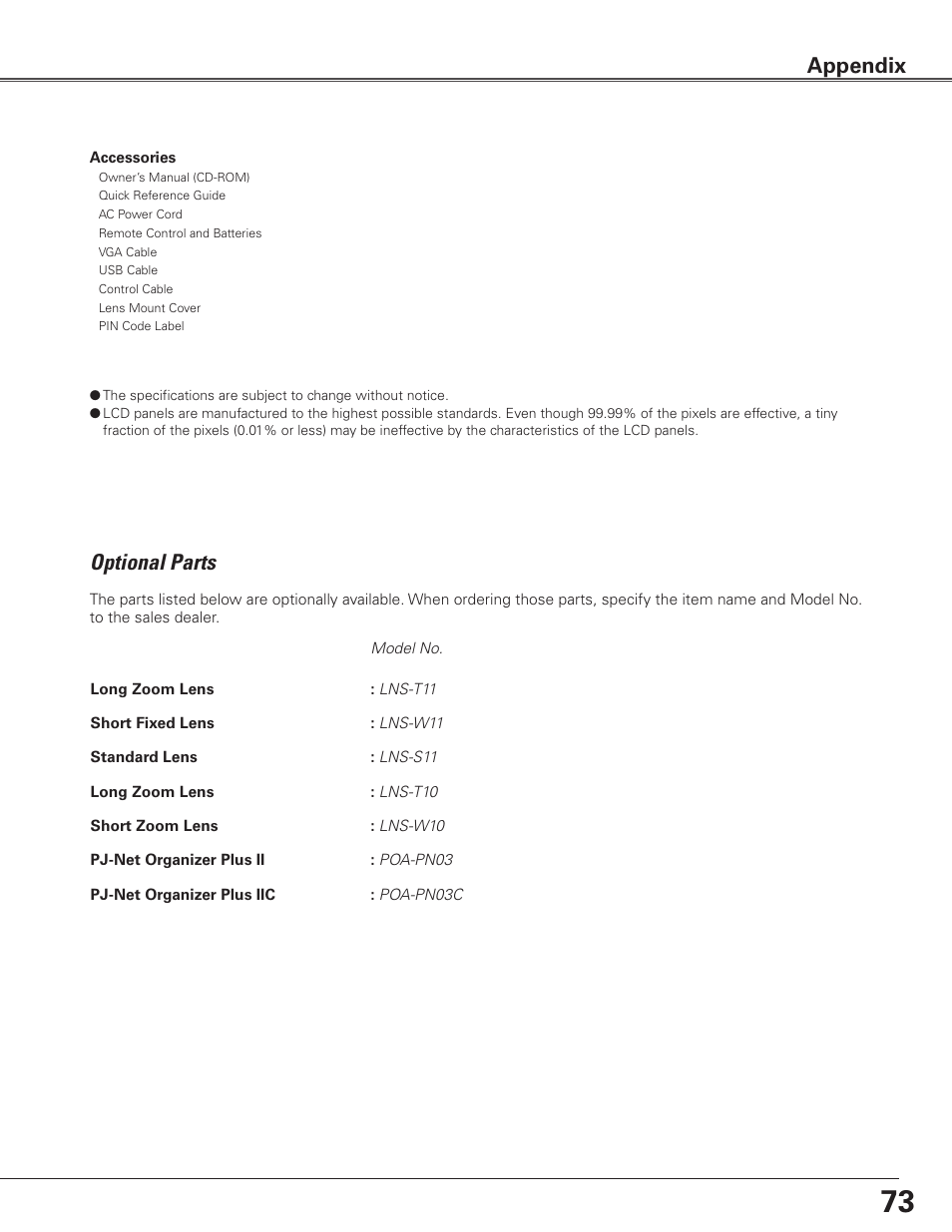 Optional parts, Appendix | Sanyo PLC-ET30L User Manual | Page 73 / 78