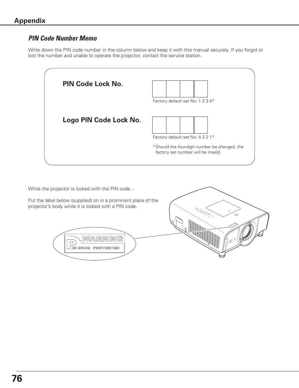 Pin code number memo | Sanyo PLC-ET30L User Manual | Page 76 / 78