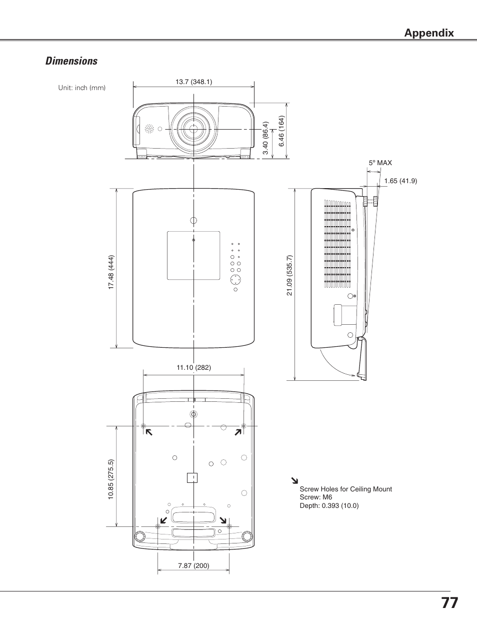 Dimensions, Appendix | Sanyo PLC-ET30L User Manual | Page 77 / 78