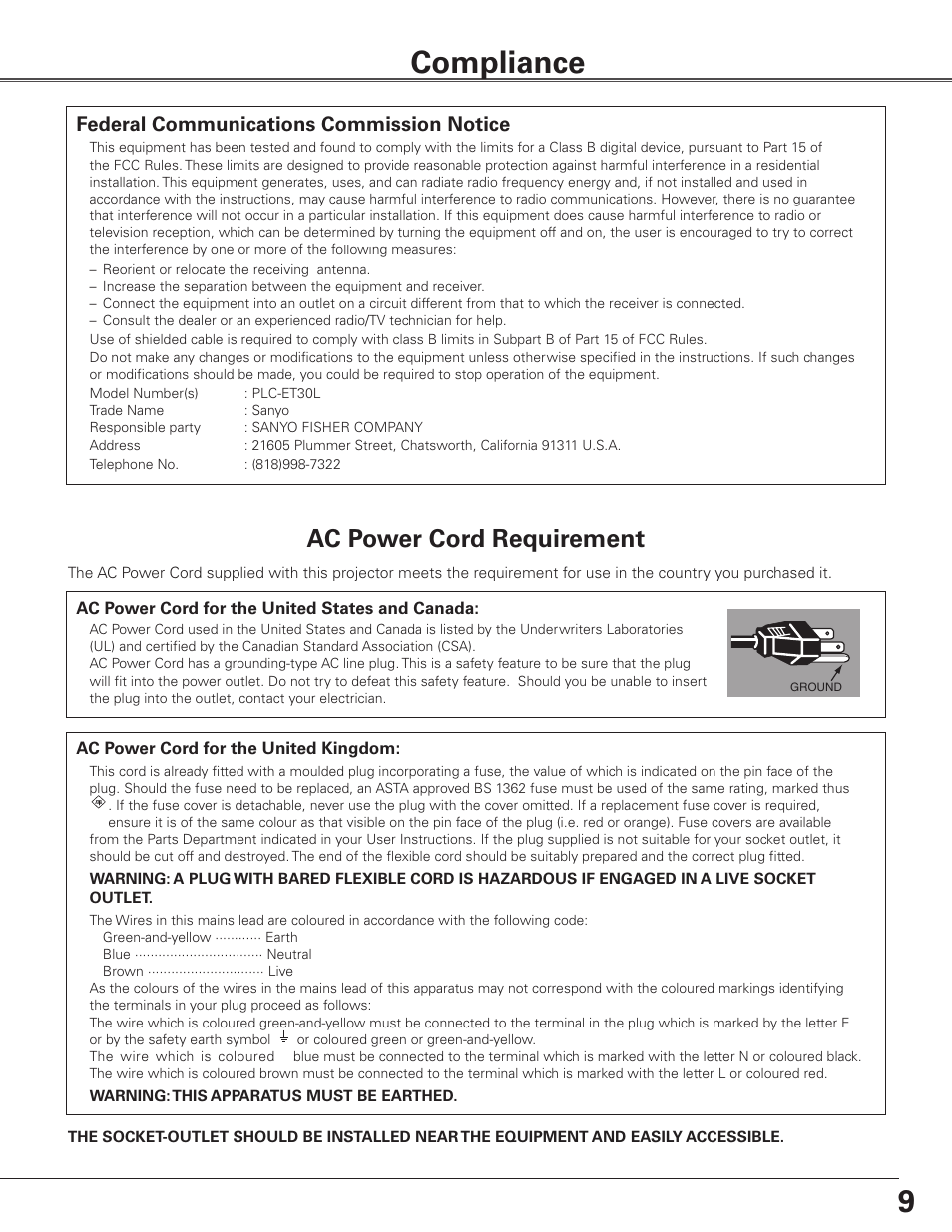 Compliance, Ac power cord requirement, Federal communications commission notice | Sanyo PLC-ET30L User Manual | Page 9 / 78