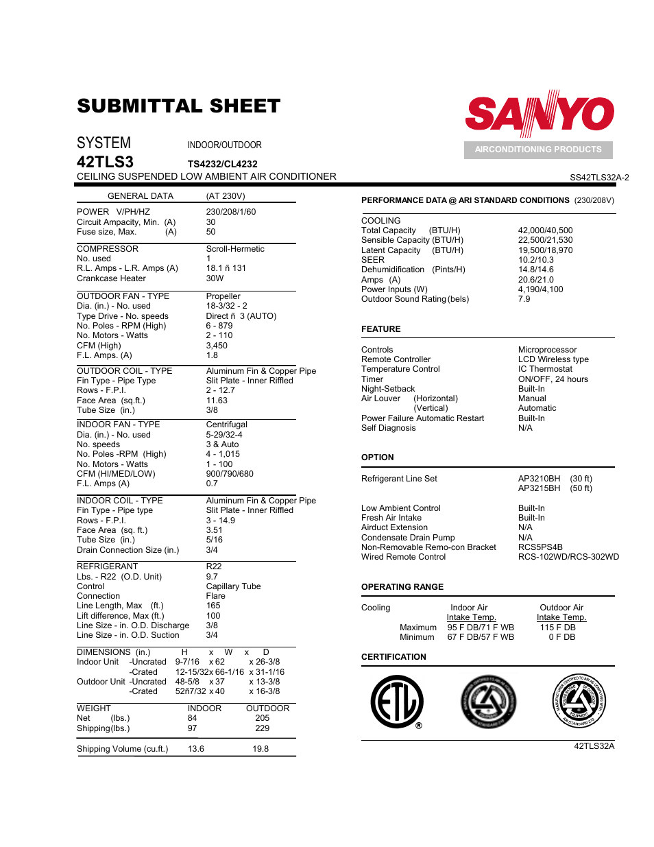 Submittal sheet, System, 42tls32a | Sanyo 42TS32A User Manual | Page 2 / 3