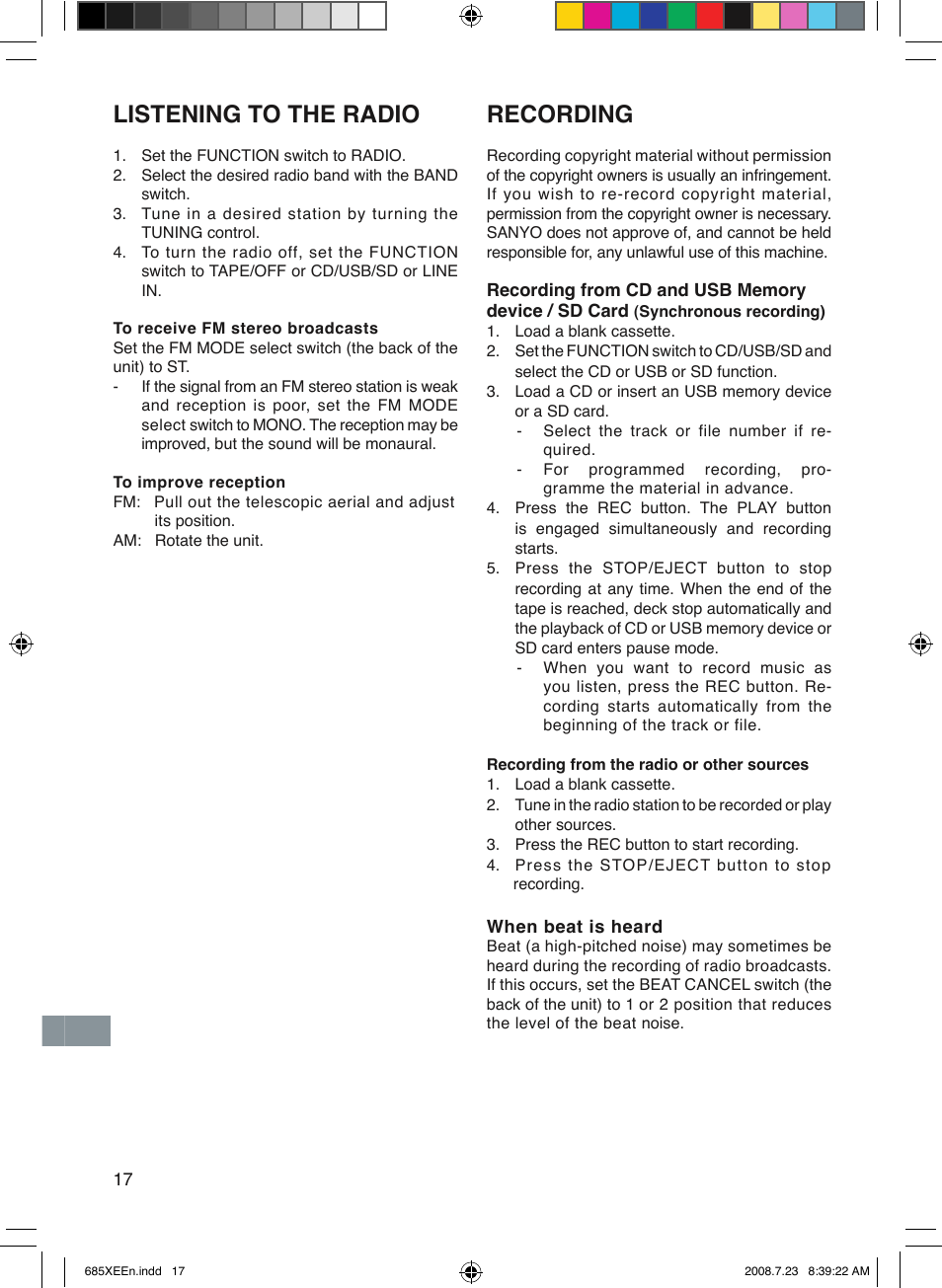 Recording, Listening to the radio | Sanyo MCD-UB685M User Manual | Page 18 / 52