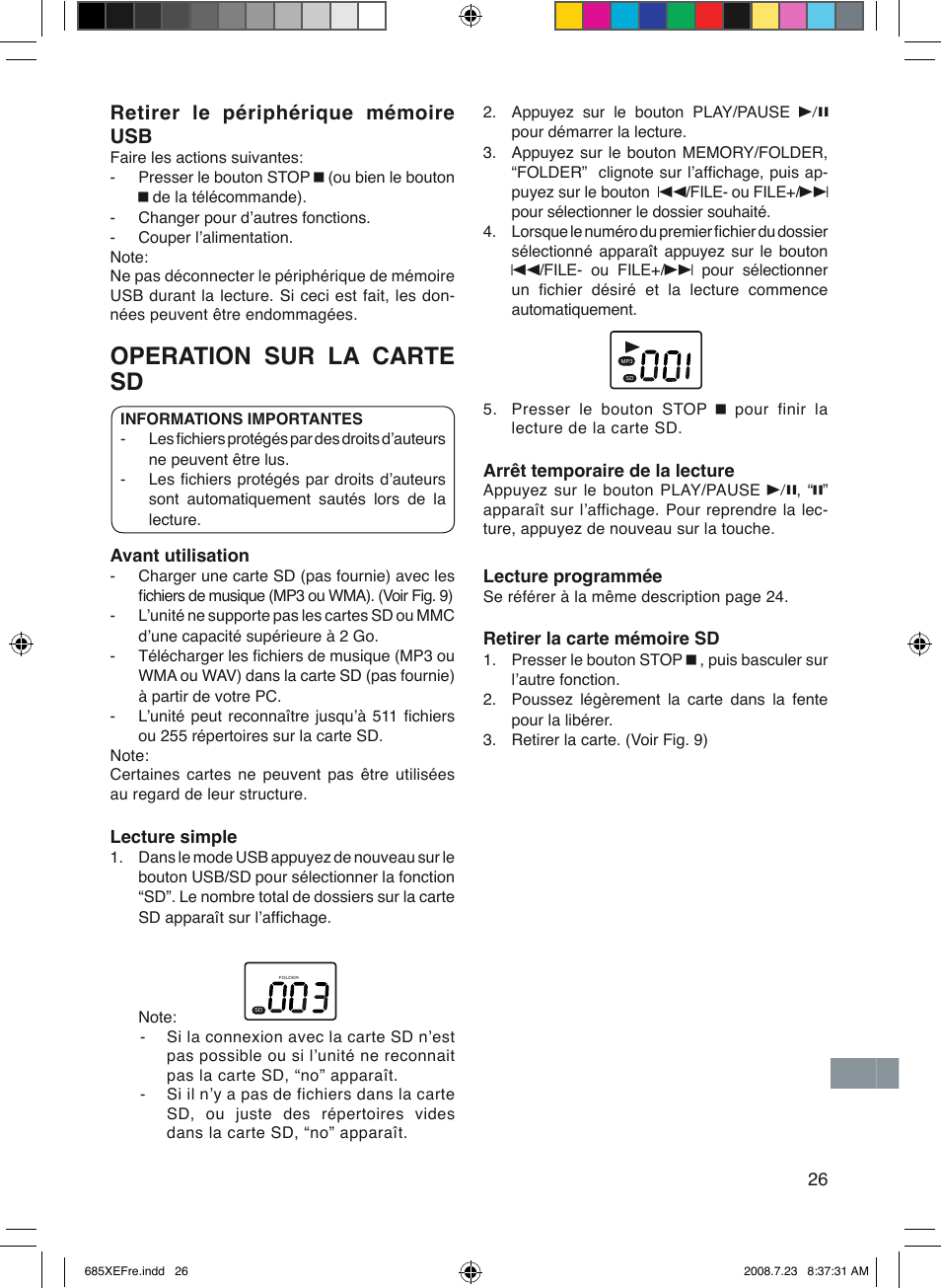 Operation sur la carte sd, Retirer le périphérique mémoire usb | Sanyo MCD-UB685M User Manual | Page 27 / 52