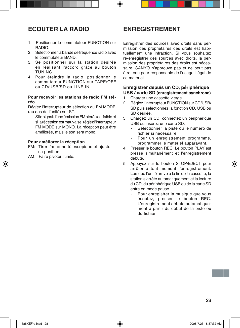 Enregistrement, Ecouter la radio | Sanyo MCD-UB685M User Manual | Page 29 / 52