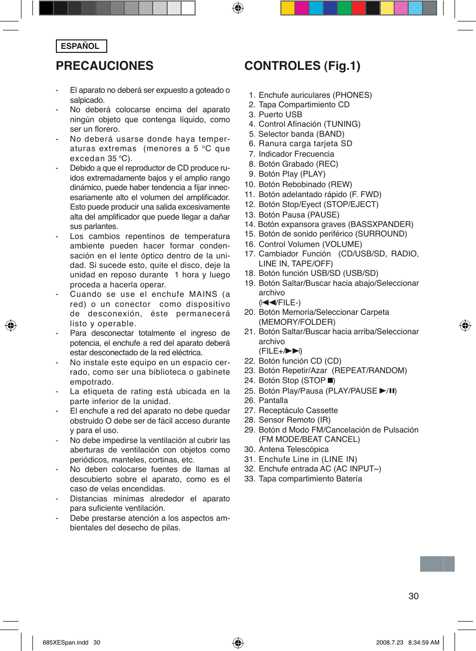 Controles (fig.1), Precauciones | Sanyo MCD-UB685M User Manual | Page 31 / 52