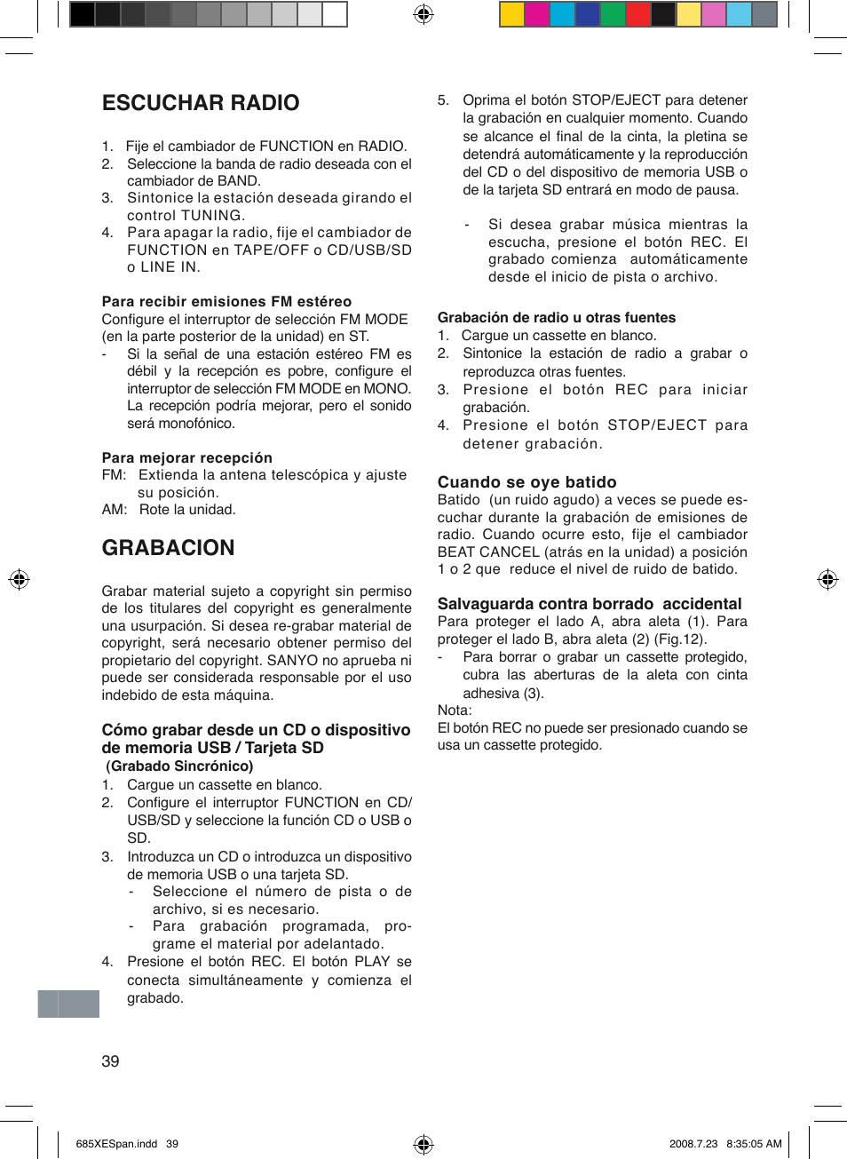 Escuchar radio, Grabacion | Sanyo MCD-UB685M User Manual | Page 40 / 52