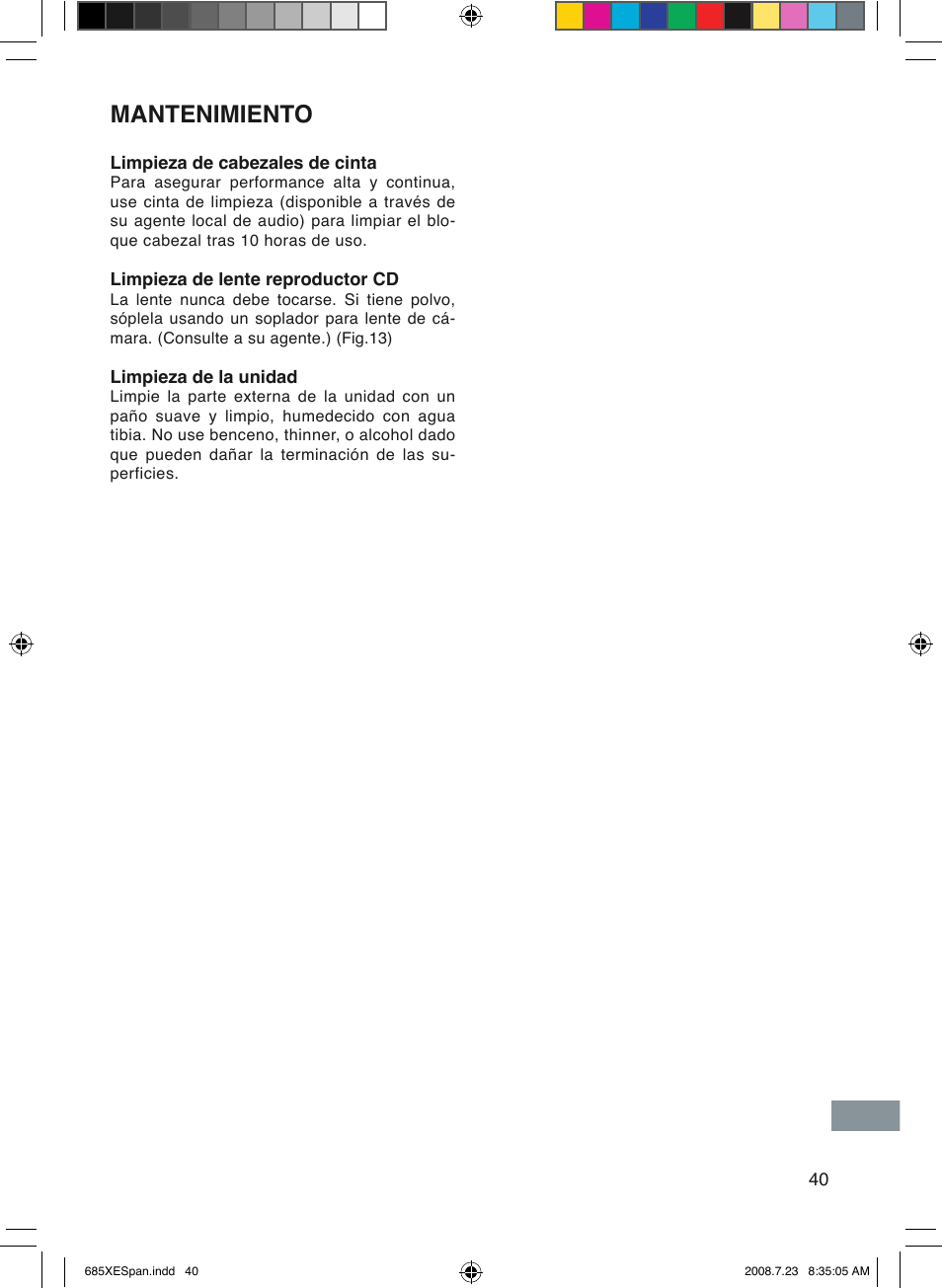 Mantenimiento | Sanyo MCD-UB685M User Manual | Page 41 / 52