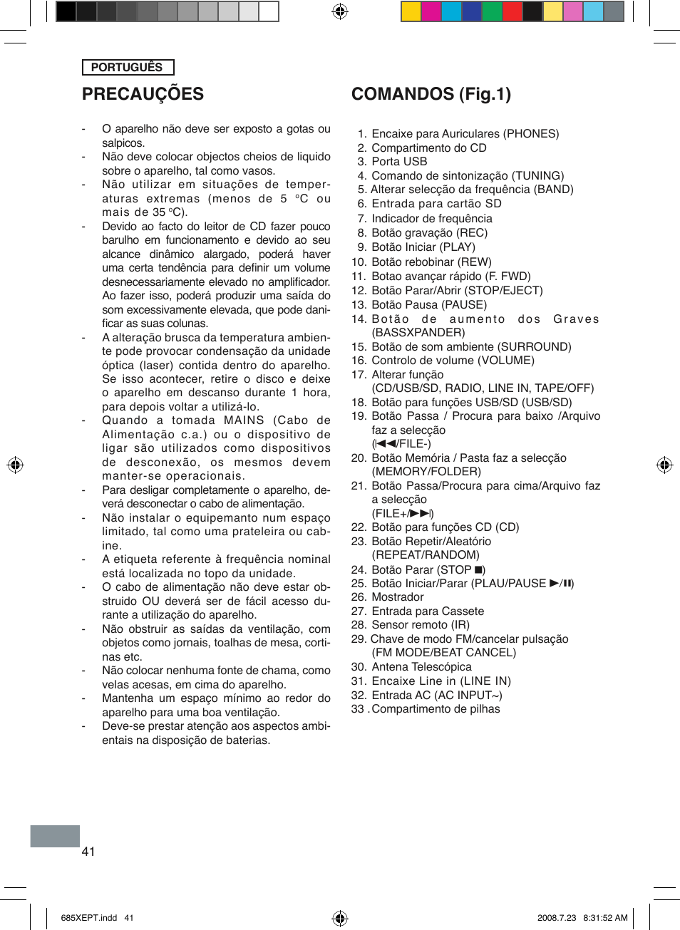 Comandos (fig.1), Precauções | Sanyo MCD-UB685M User Manual | Page 42 / 52