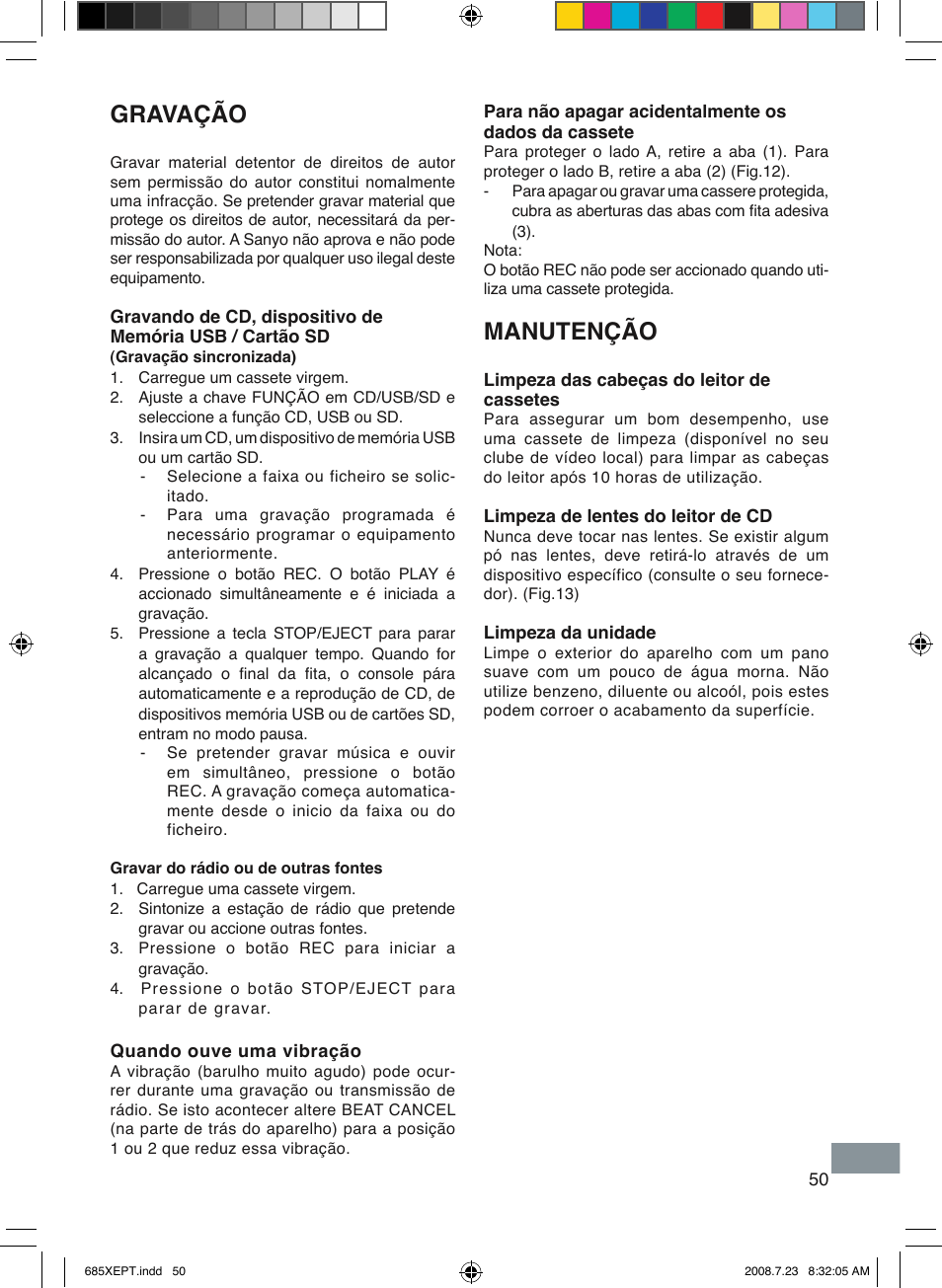 Manutenção, Gravação | Sanyo MCD-UB685M User Manual | Page 51 / 52