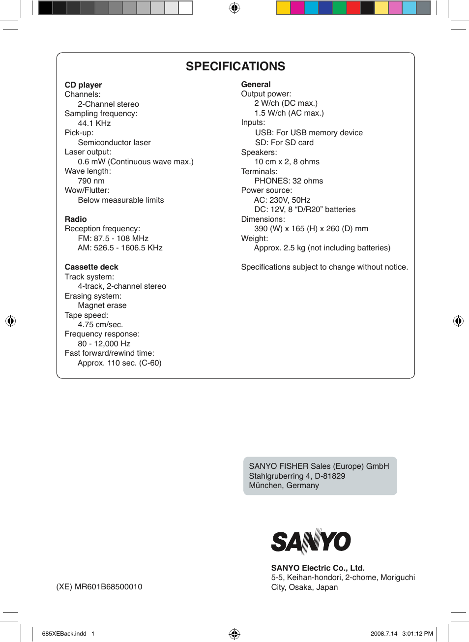 Specifications | Sanyo MCD-UB685M User Manual | Page 52 / 52