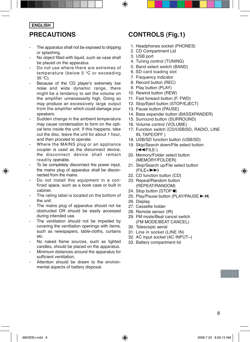 Controls (fig.1), Precautions | Sanyo MCD-UB685M User Manual | Page 9 / 52