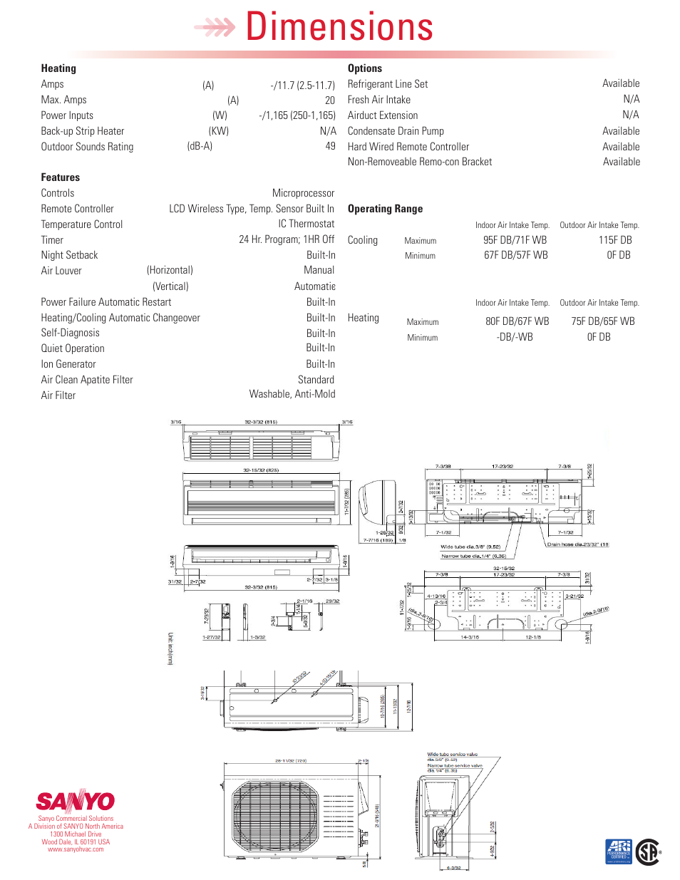 Dimensions | Sanyo 12KHS71 User Manual | Page 2 / 2