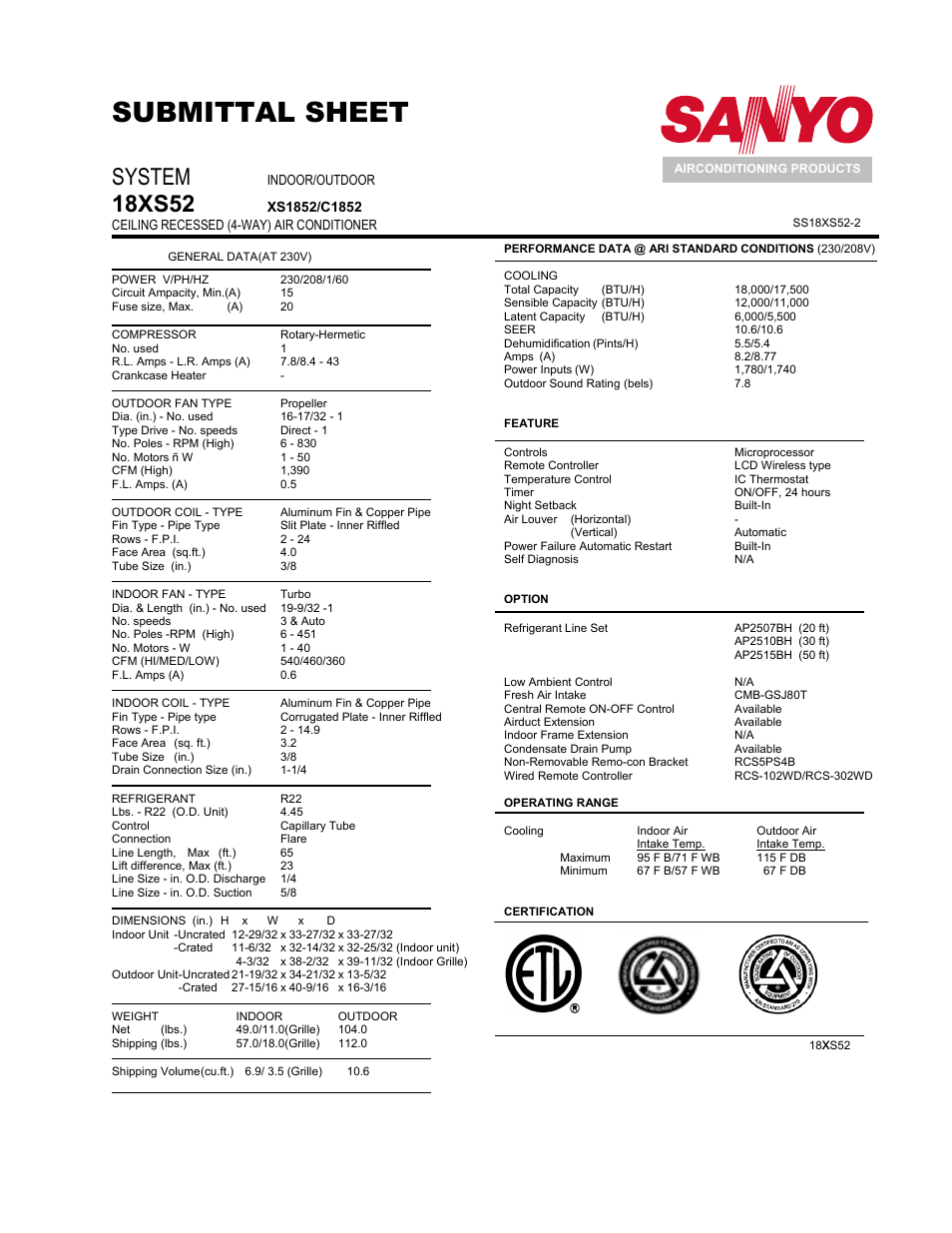 Sanyo 18XS52 User Manual | 3 pages