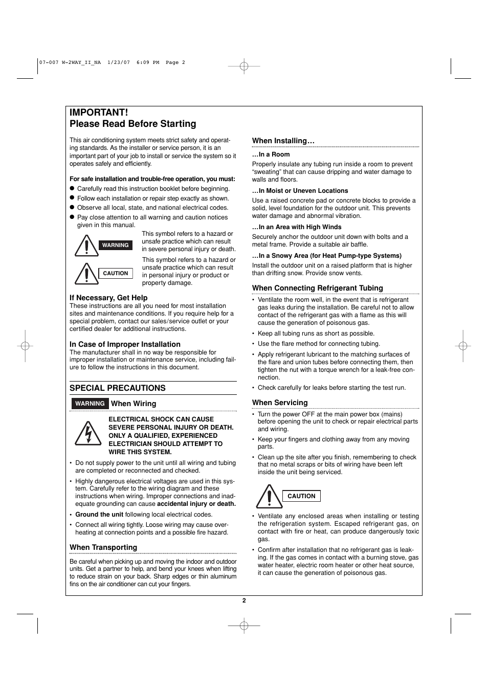 Important! please read before starting | Sanyo R410A User Manual | Page 2 / 96