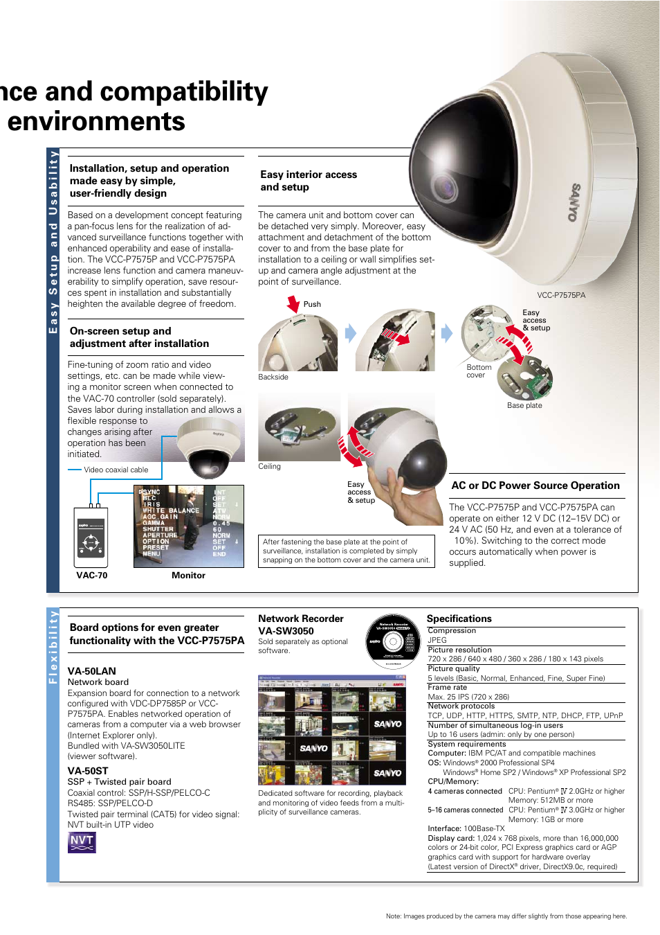 Nce and compatibility environments, Easy setup and usability flexibility | Sanyo VCC-P7575P User Manual | Page 3 / 4