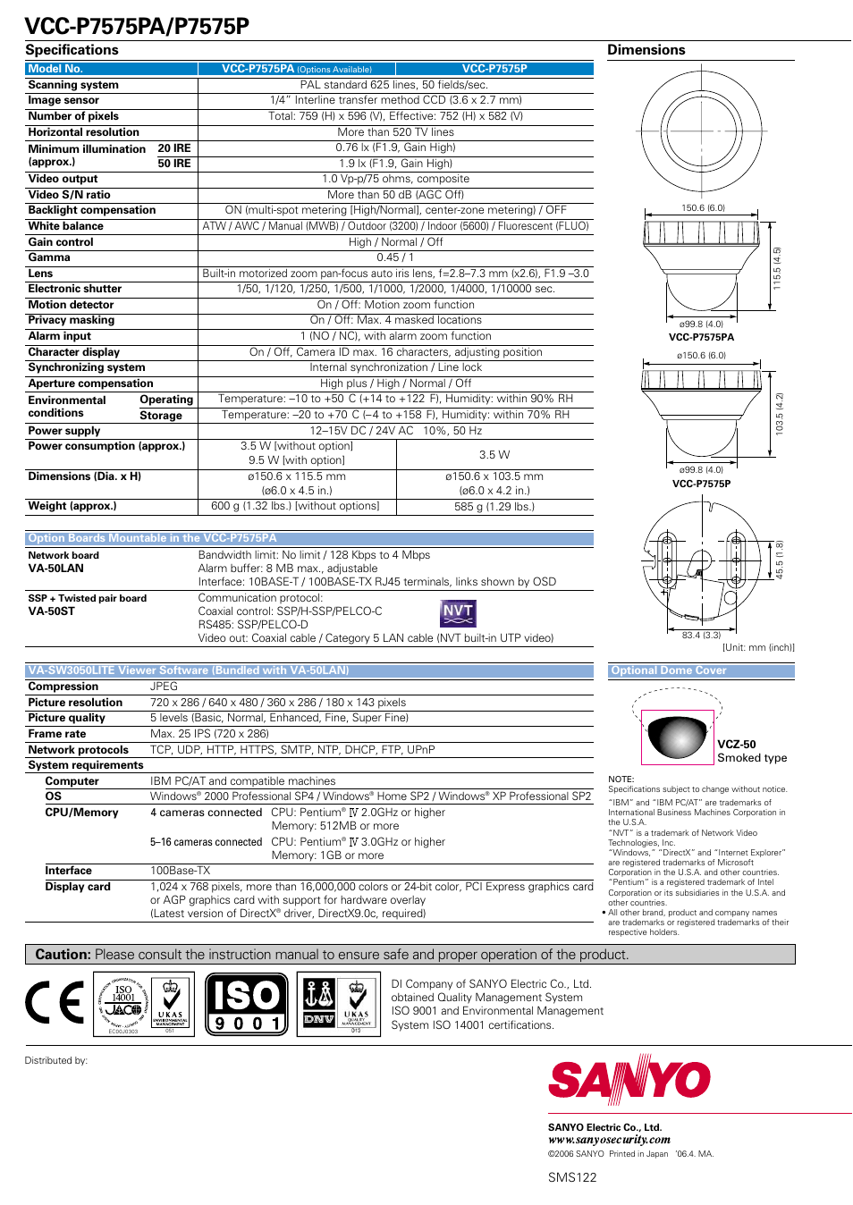 Dimensions specifications | Sanyo VCC-P7575P User Manual | Page 4 / 4