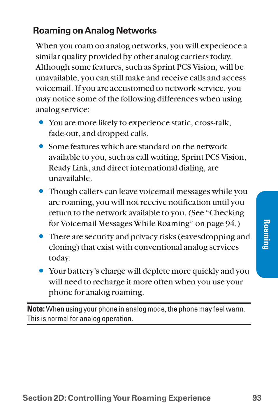 Roaming on analog networks, Roaming | Sanyo QWEST SCP-8300 User Manual | Page 109 / 310