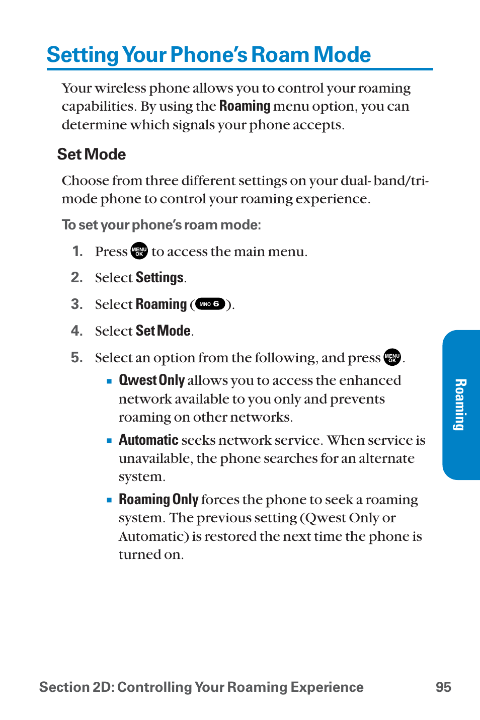 Setting your phone’s roam mode | Sanyo QWEST SCP-8300 User Manual | Page 111 / 310
