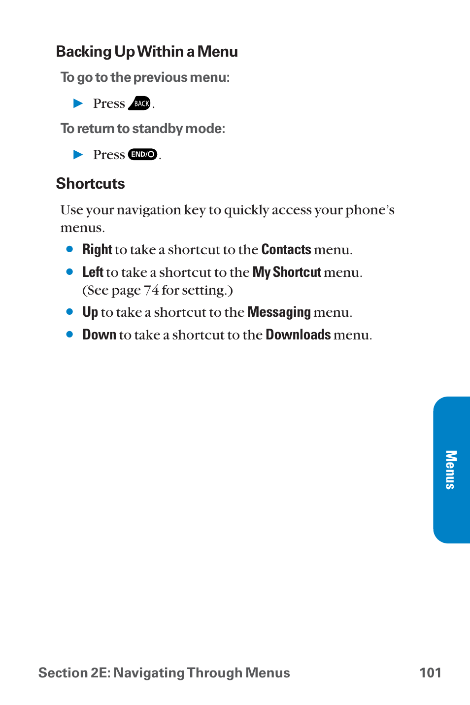 Backing up within a menu, Shortcuts, Press | Right to take a shortcut to the contacts menu, Up to take a shortcut to the messaging menu | Sanyo QWEST SCP-8300 User Manual | Page 117 / 310