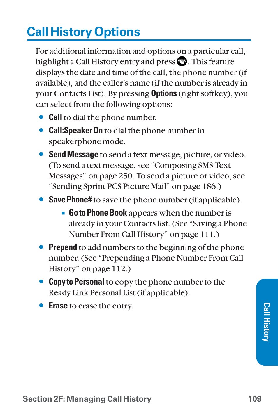 Call history options, Call to dial the phone number, Erase to erase the entry. call history | Sanyo QWEST SCP-8300 User Manual | Page 125 / 310