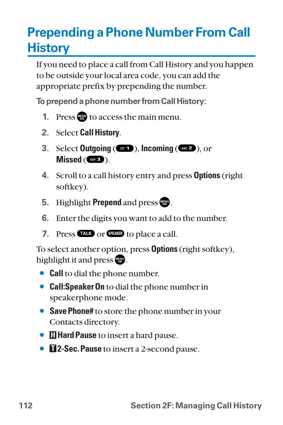 Prepending a phone number fr, Prepending a phone number from call history | Sanyo QWEST SCP-8300 User Manual | Page 128 / 310