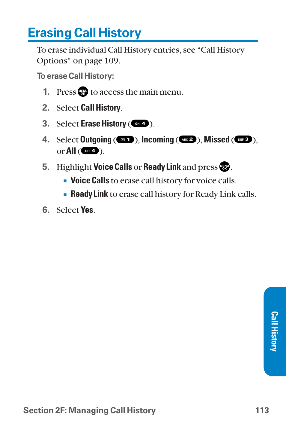 Erasing call history | Sanyo QWEST SCP-8300 User Manual | Page 129 / 310