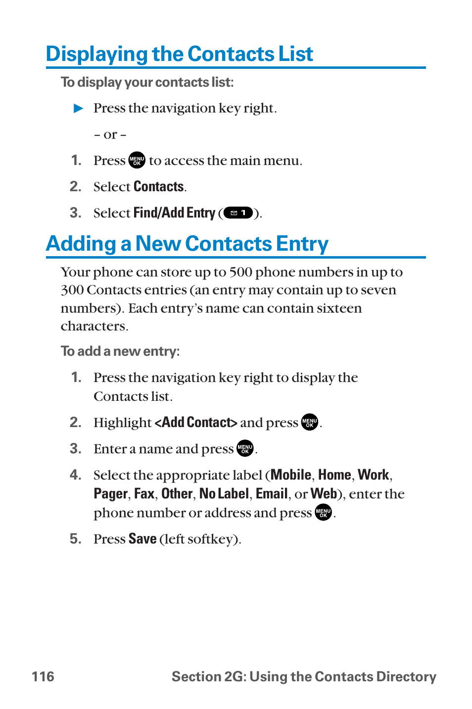 Displaying the contacts list, Adding a new contacts entry | Sanyo QWEST SCP-8300 User Manual | Page 132 / 310