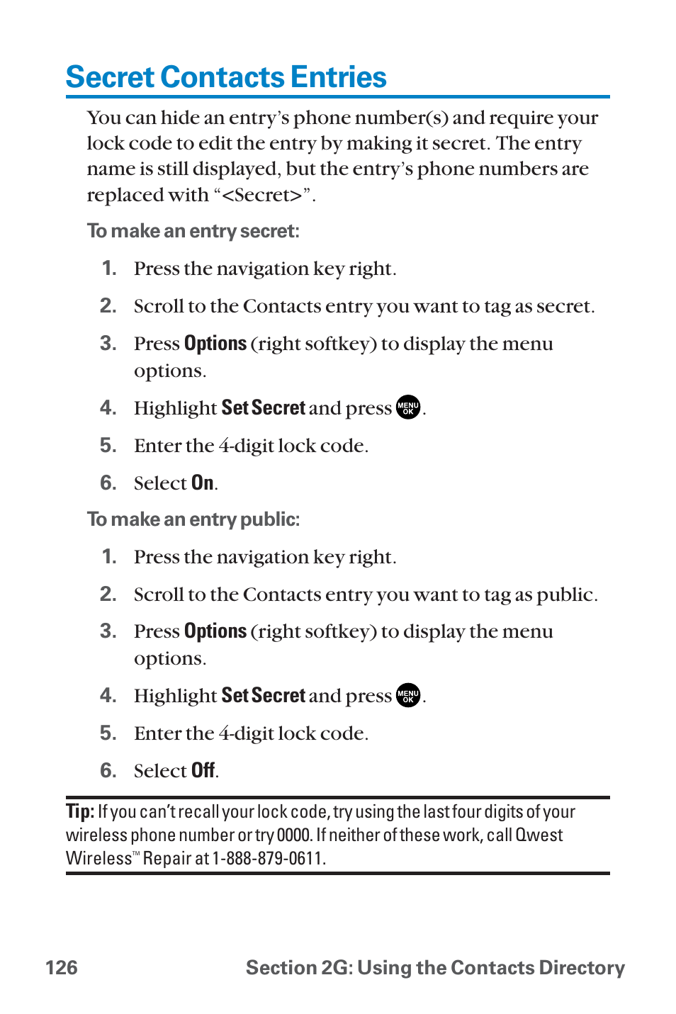 Secret contacts entries | Sanyo QWEST SCP-8300 User Manual | Page 142 / 310