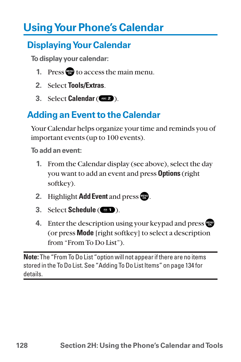 Using your phone’s calendar, Displaying your calendar, Adding an event to the calendar | Sanyo QWEST SCP-8300 User Manual | Page 144 / 310