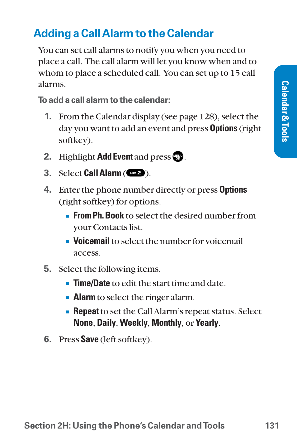 Adding a call alarm to the c, Adding a call alarm to the calendar | Sanyo QWEST SCP-8300 User Manual | Page 147 / 310