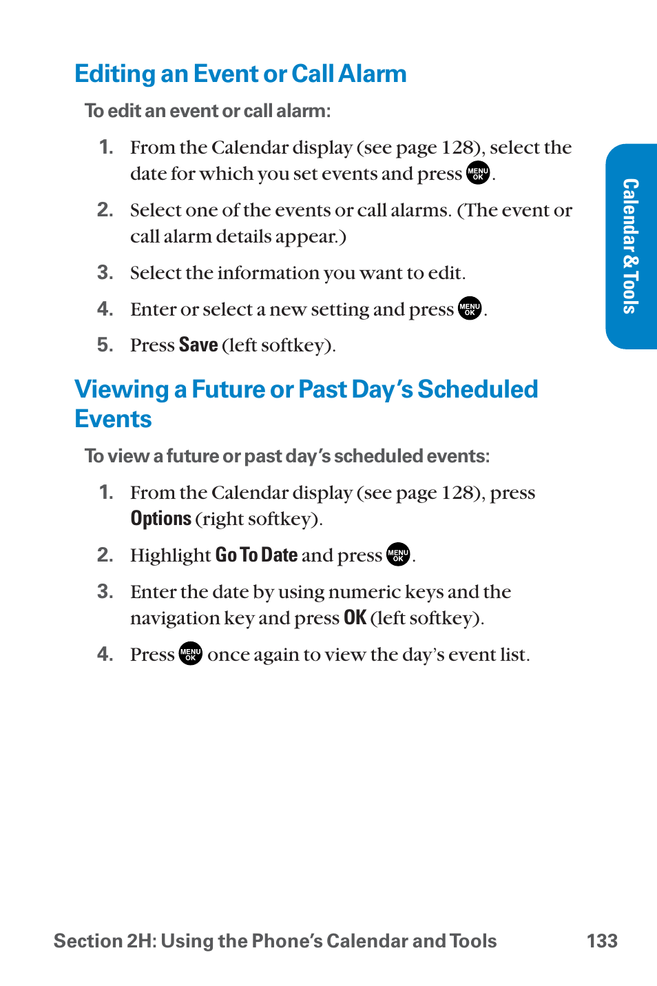 Editing an event or call alarm, Viewing a future or past day, Viewing a future or past day’s scheduled events | Sanyo QWEST SCP-8300 User Manual | Page 149 / 310
