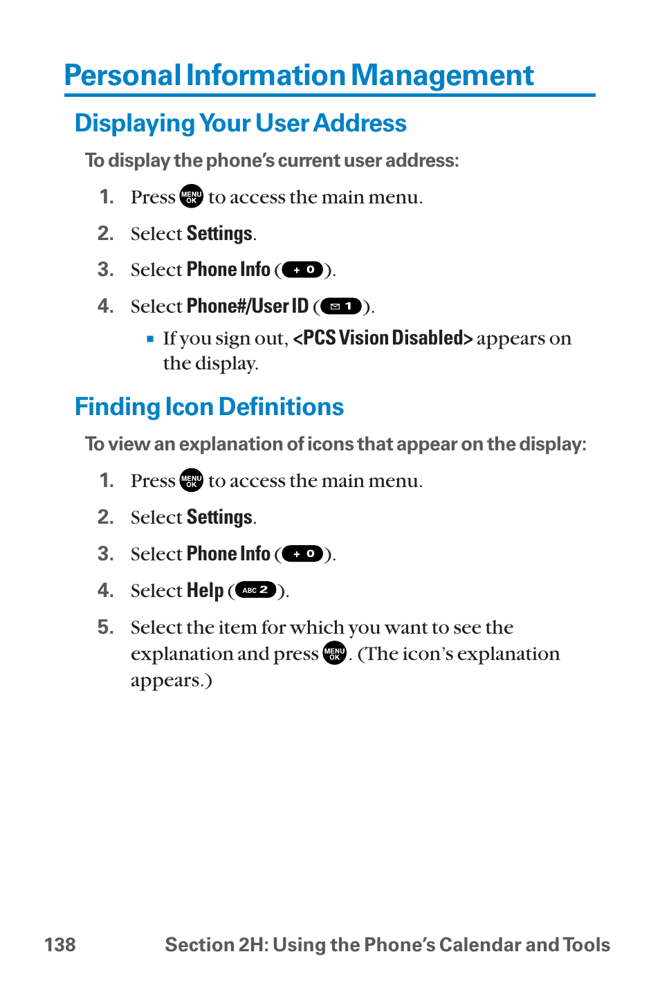 Personal information management, Displaying your user address, Finding icon definitions | Sanyo QWEST SCP-8300 User Manual | Page 154 / 310