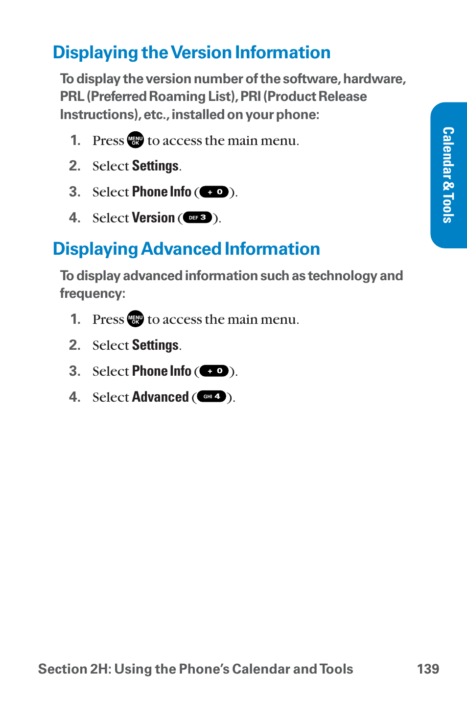 Displaying the version infor, Displaying advanced information, Displaying the version information | Sanyo QWEST SCP-8300 User Manual | Page 155 / 310