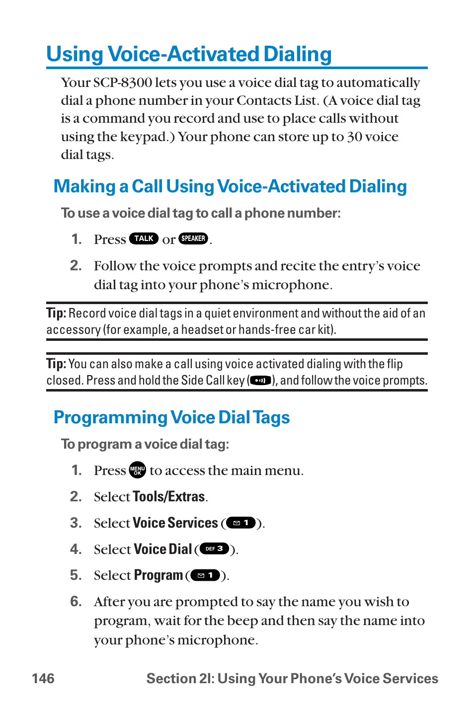 Using voice-activated dialing, Making a call using voice-ac, Programming voice dial tags | Making a call using voice-activated dialing | Sanyo QWEST SCP-8300 User Manual | Page 162 / 310