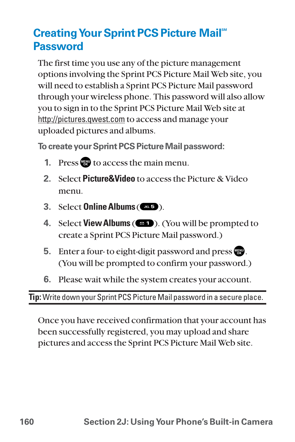 Creating your sprint pcs pic, Creating your sprint pcs picture mail password, Creating your sprint pcs picture mail | Password | Sanyo QWEST SCP-8300 User Manual | Page 176 / 310