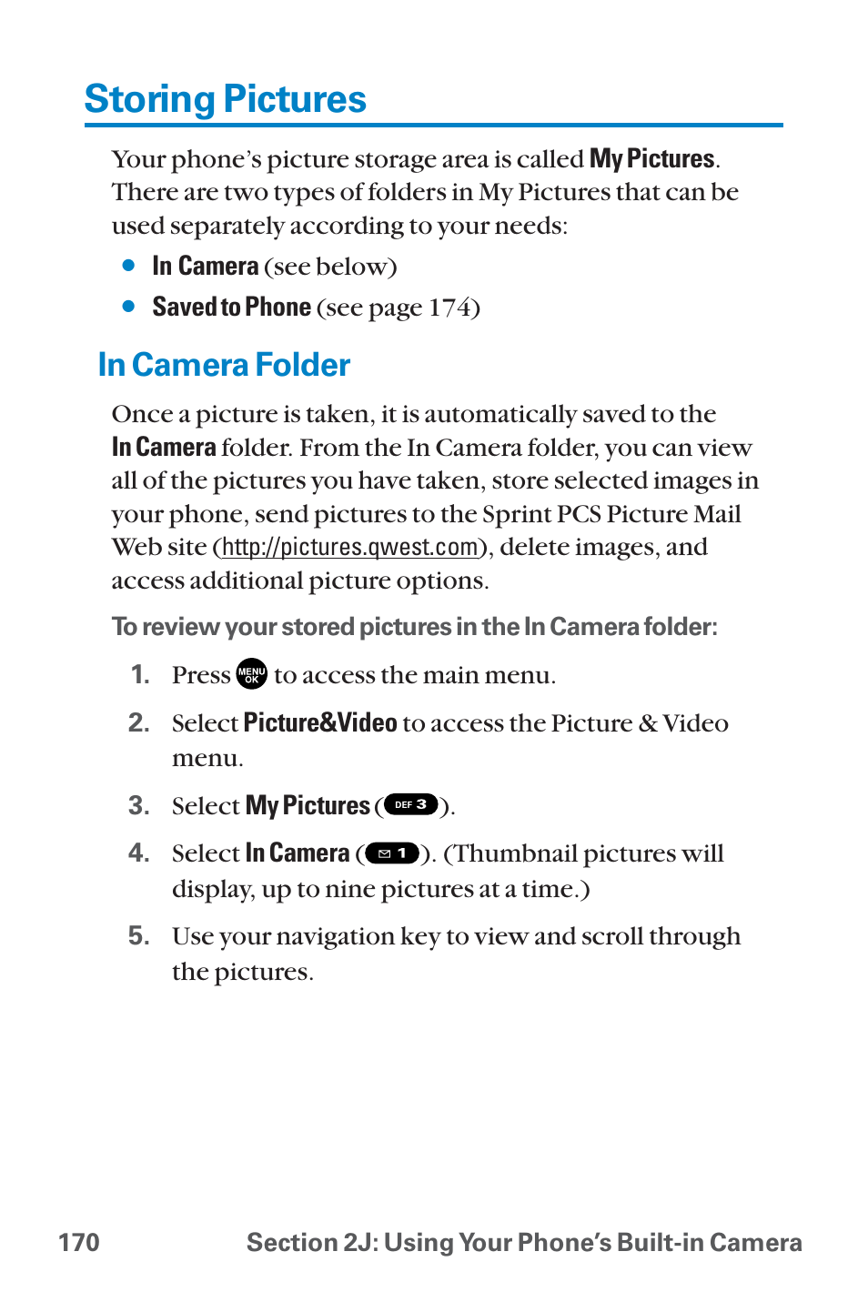 Storing pictures, In camera folder | Sanyo QWEST SCP-8300 User Manual | Page 186 / 310