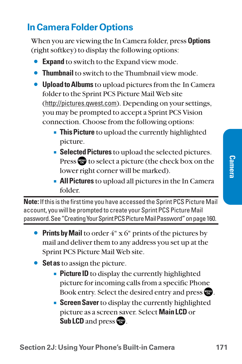 In camera folder options, Expand to switch to the expand view mode, Thumbnail to switch to the thumbnail view mode | Set as to assign the picture | Sanyo QWEST SCP-8300 User Manual | Page 187 / 310