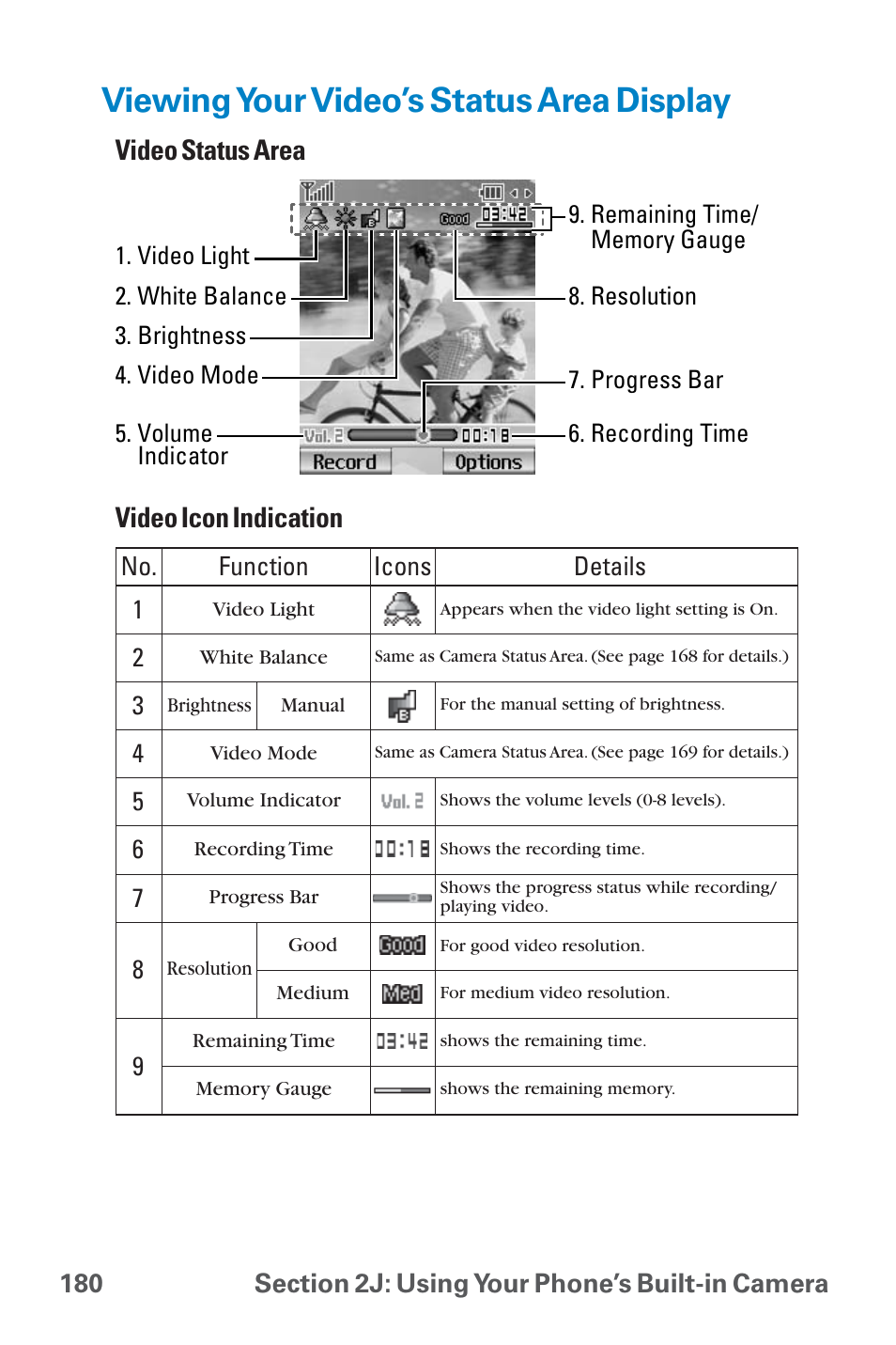 Viewing your video’s status, Viewing your video’s status area display, Video status area video icon indication | Sanyo QWEST SCP-8300 User Manual | Page 196 / 310