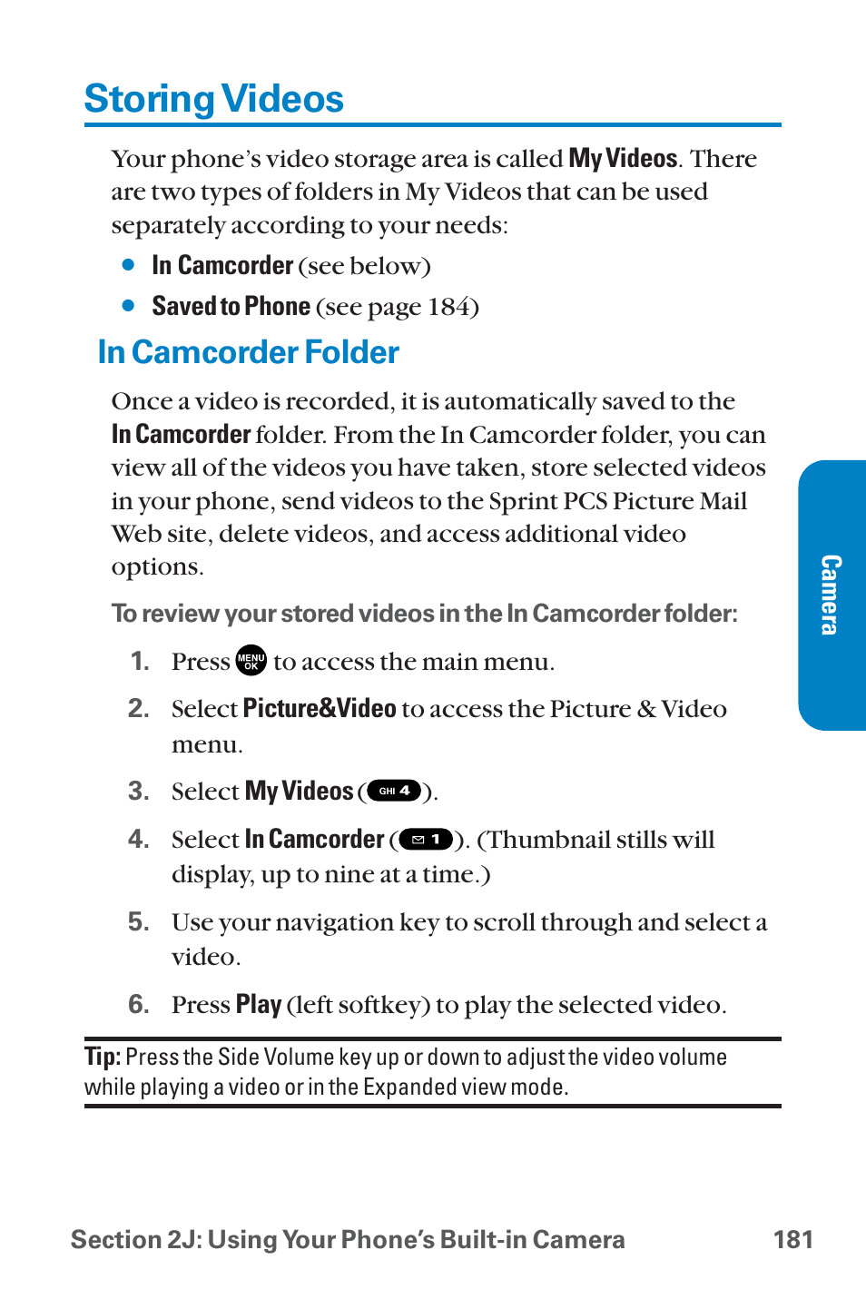 Storing videos, In camcorder folder | Sanyo QWEST SCP-8300 User Manual | Page 197 / 310