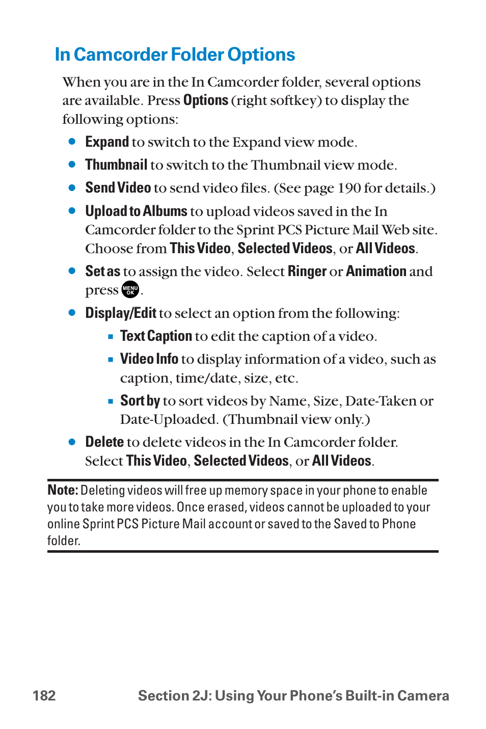 In camcorder folder options, Expand to switch to the expand view mode, Thumbnail to switch to the thumbnail view mode | Text caption to edit the caption of a video | Sanyo QWEST SCP-8300 User Manual | Page 198 / 310