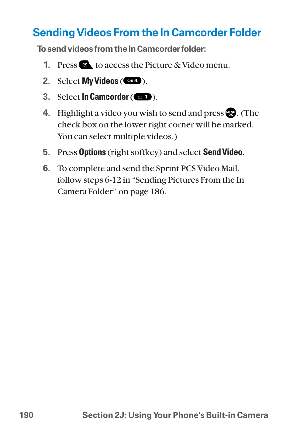 Sending videos from the in c, Sending videos from the in camcorder folder | Sanyo QWEST SCP-8300 User Manual | Page 206 / 310