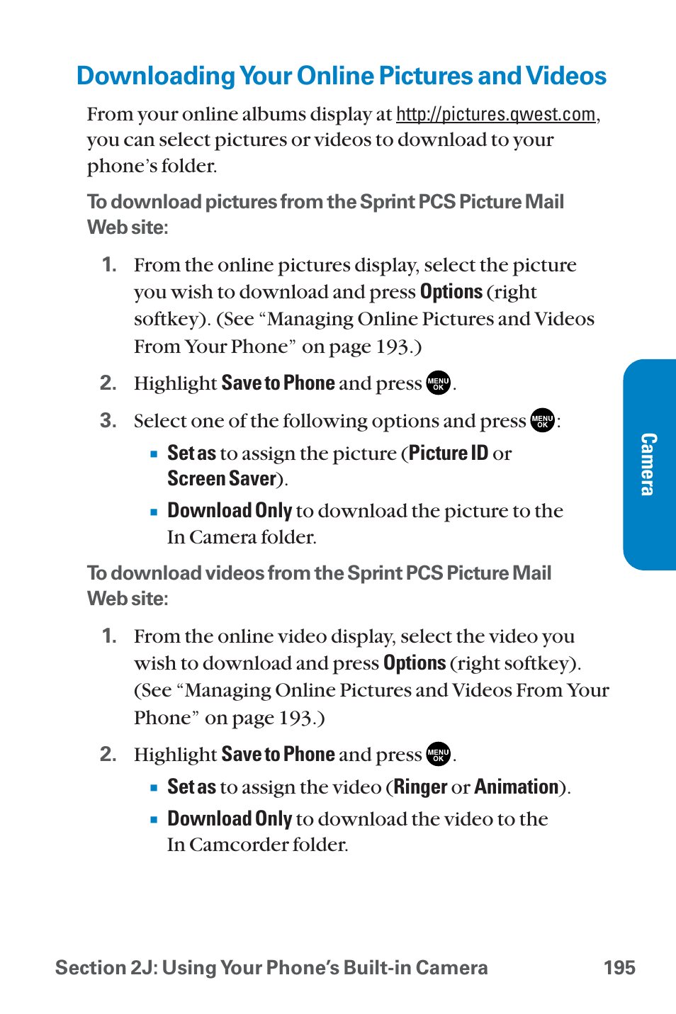 Downloading your online pict, Downloading your online pictures and videos | Sanyo QWEST SCP-8300 User Manual | Page 211 / 310