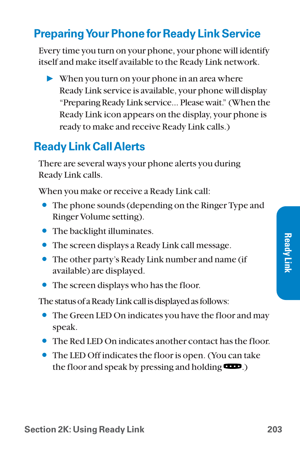 Preparing your phone for rea, Ready link call alerts, Preparing your phone for ready link service | The backlight illuminates, The screen displays a ready link call message | Sanyo QWEST SCP-8300 User Manual | Page 219 / 310
