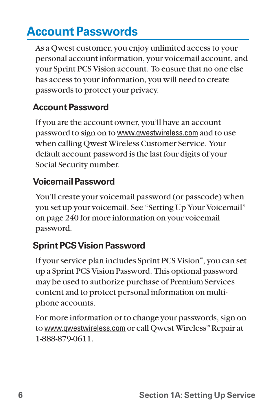 Account passwords | Sanyo QWEST SCP-8300 User Manual | Page 22 / 310
