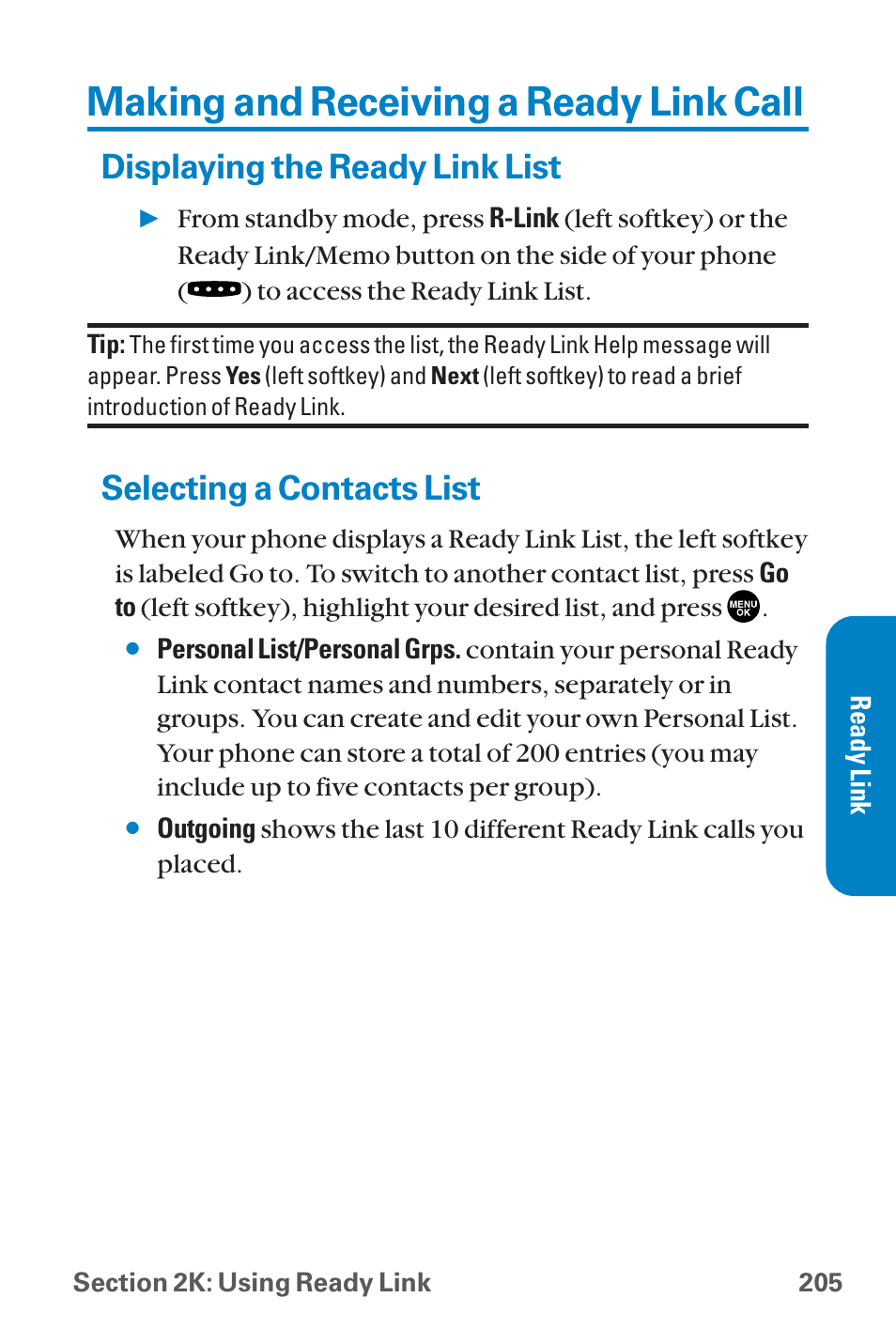Making and receiving a ready, Displaying the ready link list, Selecting a contacts list | Making and receiving a ready link call | Sanyo QWEST SCP-8300 User Manual | Page 221 / 310